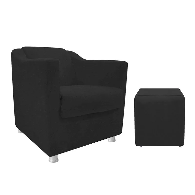 Kit Poltrona Tilla e Puff Dado Corano Preto Adj Decor