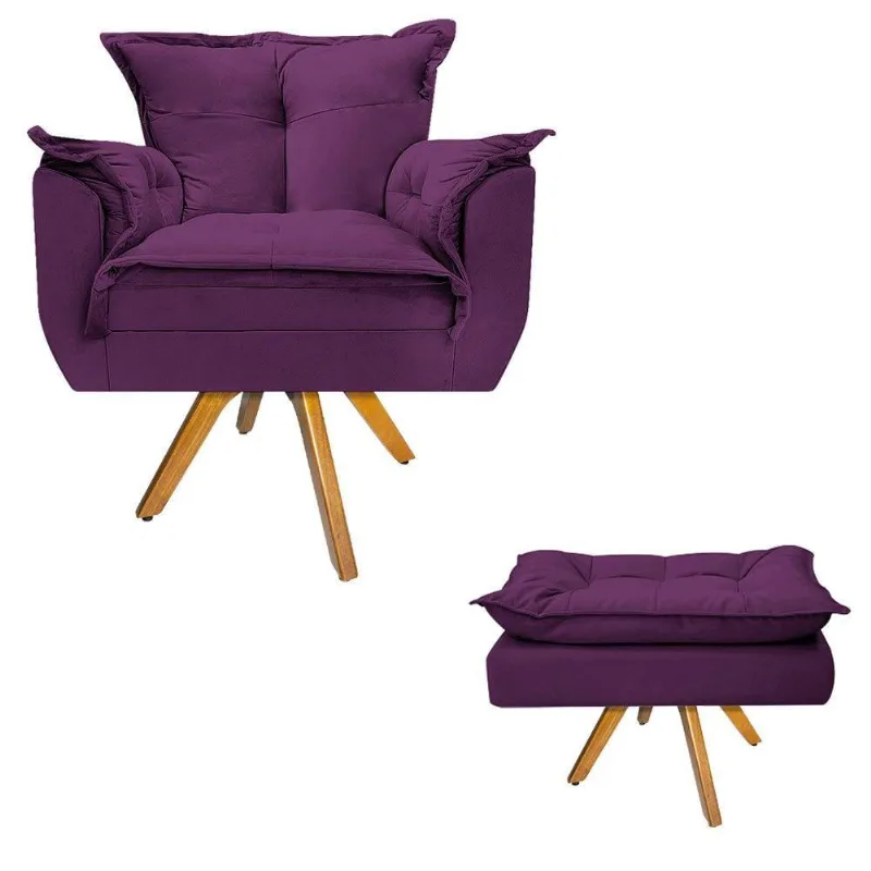 Kit Poltrona Puff Opala Base De Madeira Suede Roxo