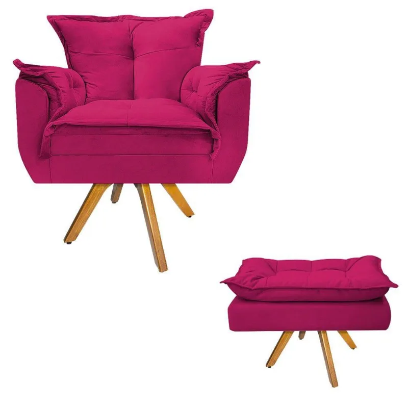 Kit Poltrona Puff Opala Base De Madeira Suede Pink