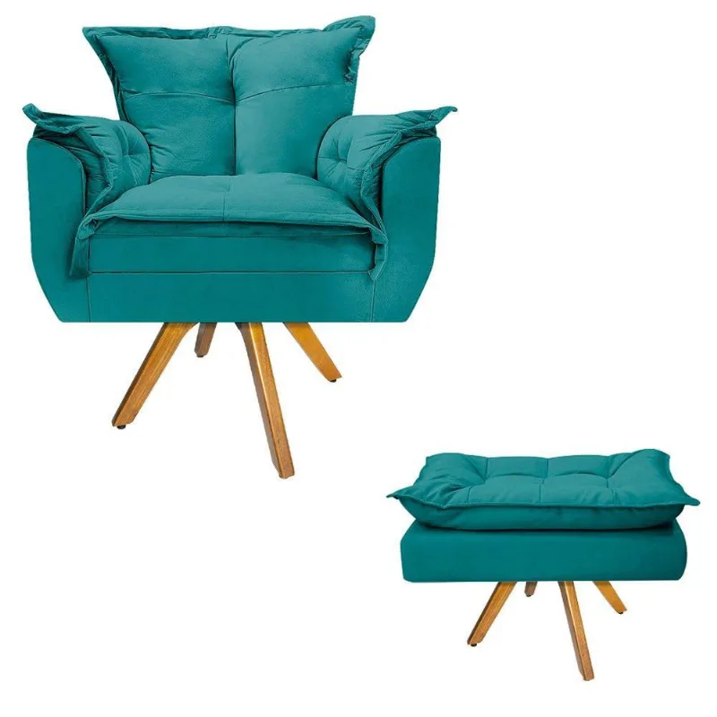 Kit Poltrona Puff Opala Base De Madeira Suede Azul Turquesa