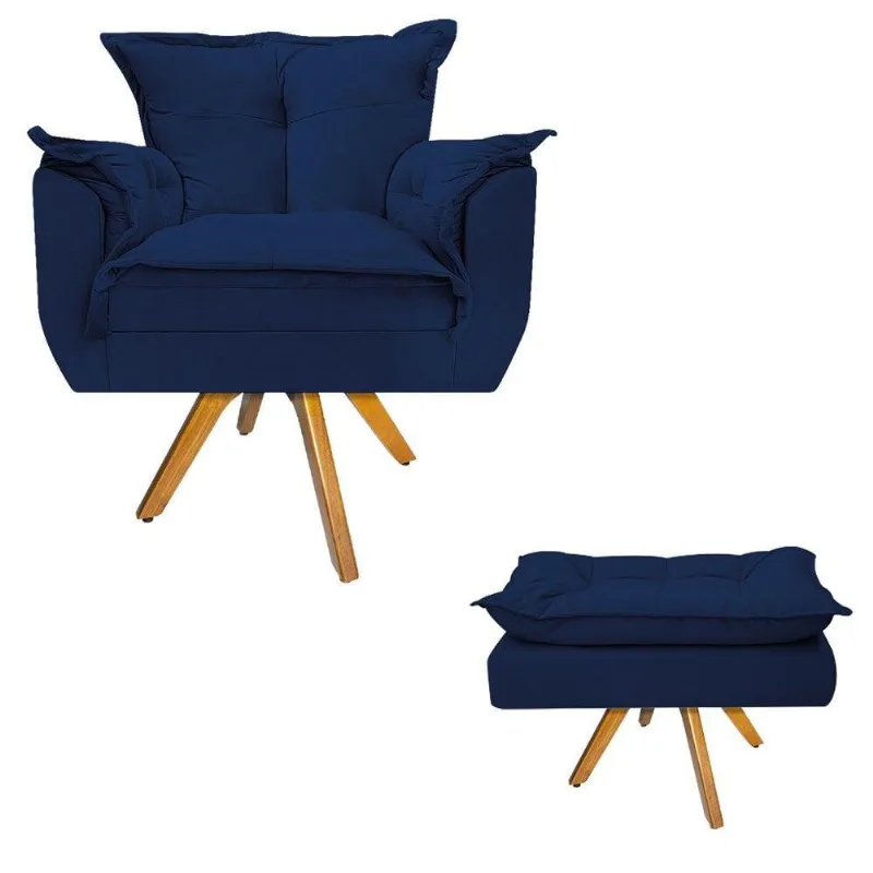 Kit Poltrona Puff Opala Base De Madeira Suede Azul Marinho