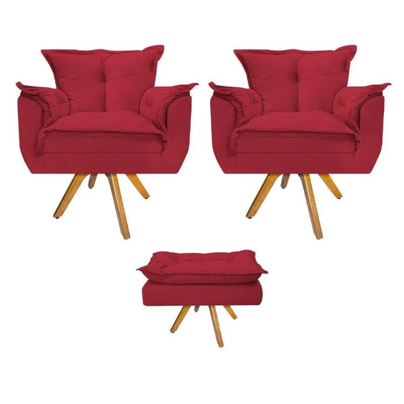 Kit 02 Poltronas Puff Opala Base Giratória Madeira Vermelho