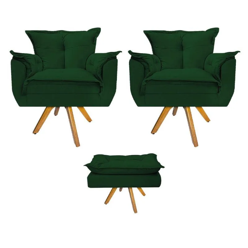 Kit 02 Poltronas Puff Opala Base Giratória Madeira Verde