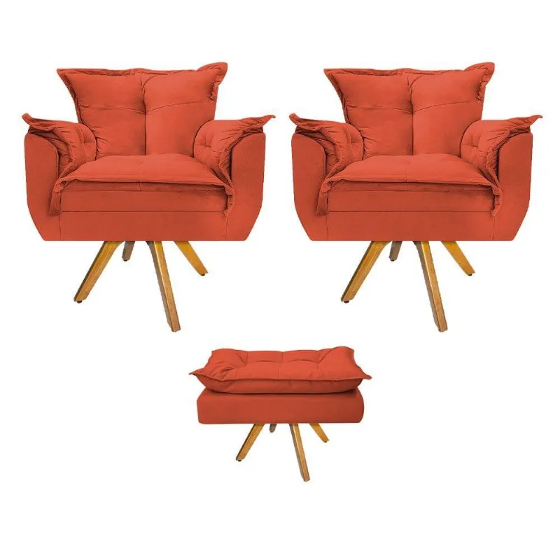 Kit 02 Poltronas Puff Opala Giratória Madeira Terracota