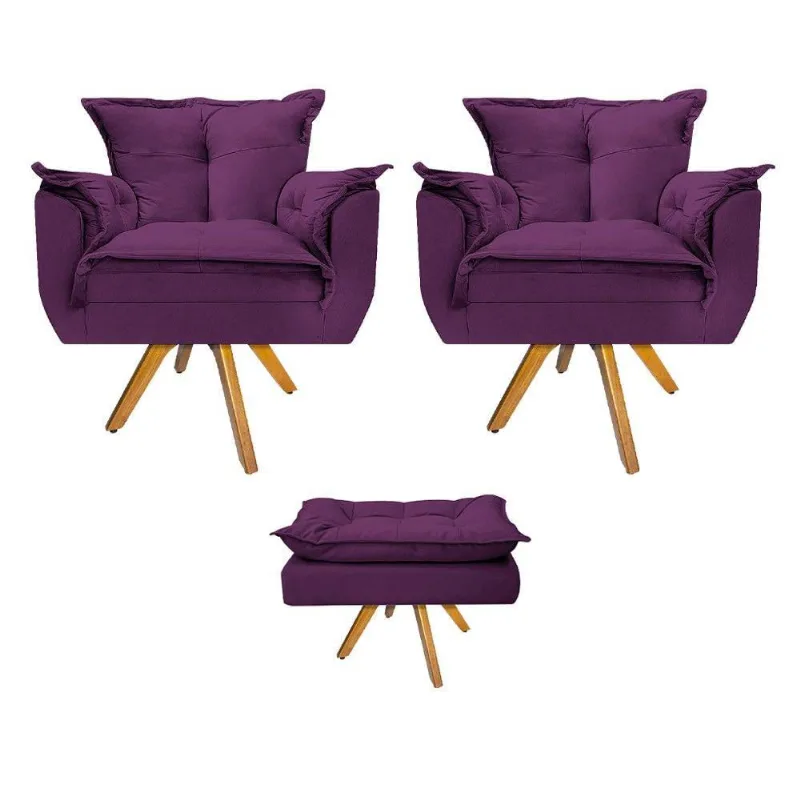 Kit 02 Poltronas Puff Opala Base Giratória De Madeira Roxo