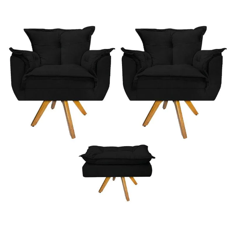Kit 02 Poltronas Puff Opala Base Giratória Madeira Preto