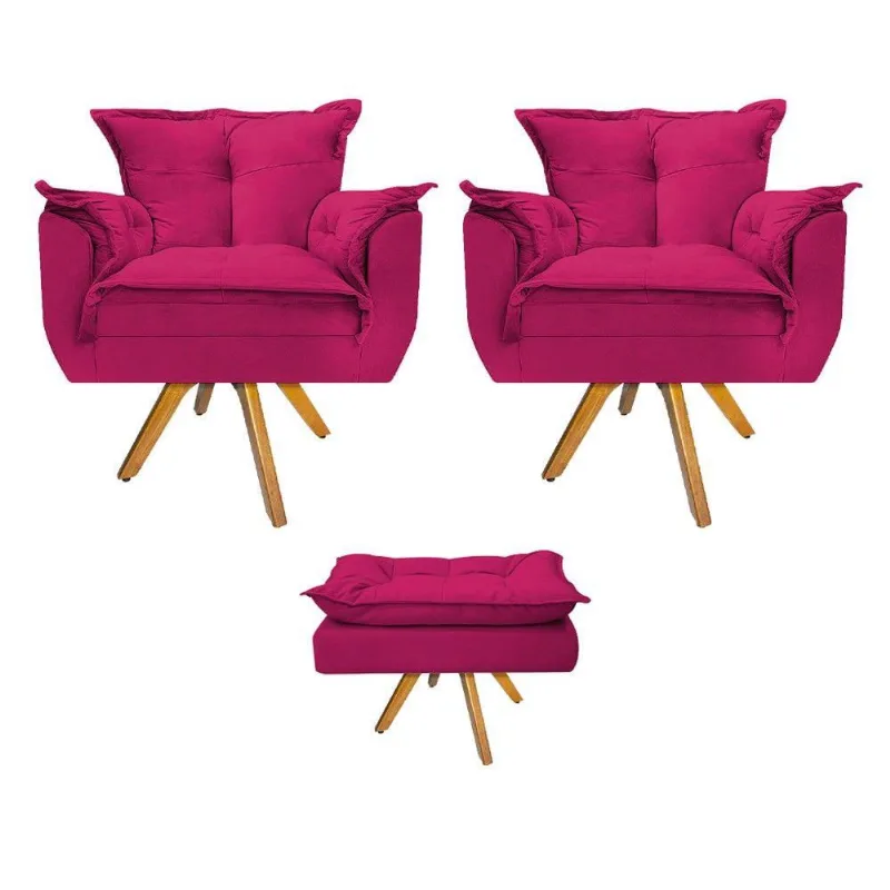 Kit 02 Poltronas Puff Opala Base Giratória Madeira Pink