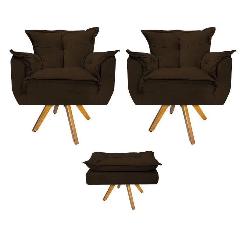 Kit 02 Poltronas e Puff Opala Base Giratória de Madeira Suede Marrom