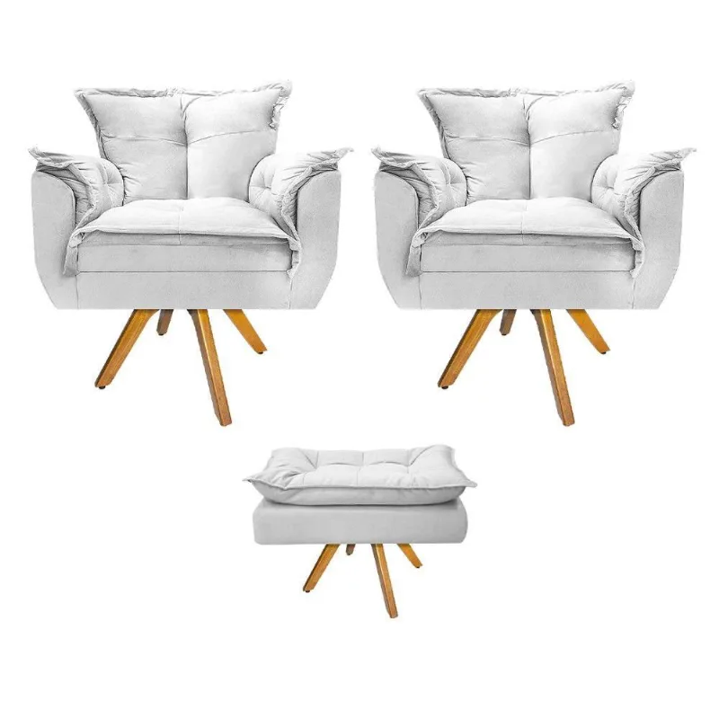 Kit 02 Poltronas e Puff Base Giratória Branco Adj Decor
