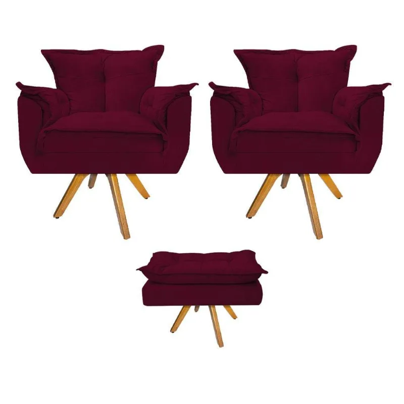 Kit 02 Poltronas e Puff Base Giratória Bordô - Adj Decor