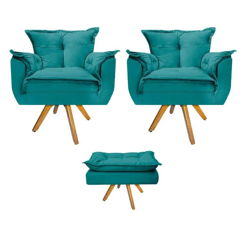 Kit 02 Poltronas e Puff Base Giratória Azul Adj Decor