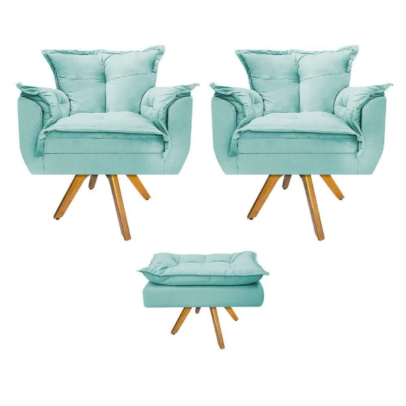 Kit 02 Poltronas e Puff Base Giratória Azul Adj Decor