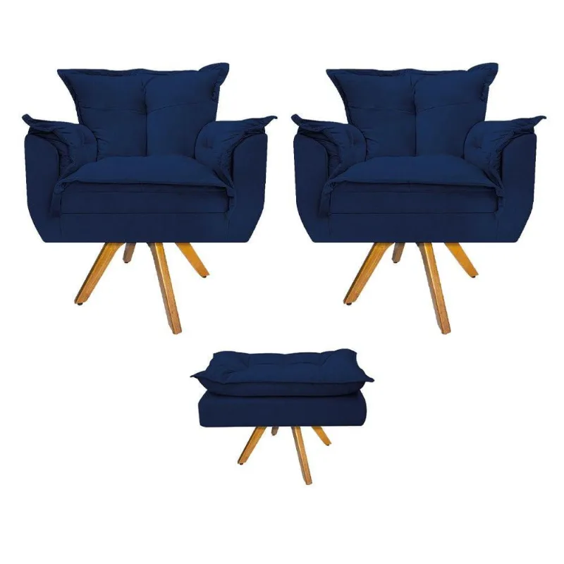 Kit 02 Poltronas 3 Puff Base Giratória Azul Adj Decor