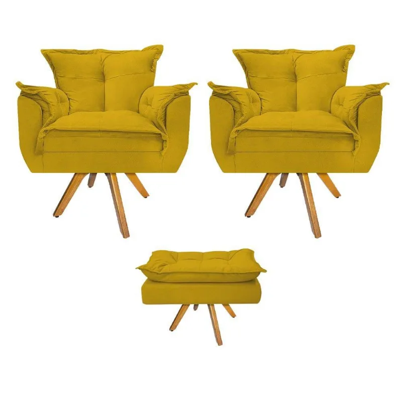 Kit 02 Poltronas e Puff Base Amarelo - Adj Decor