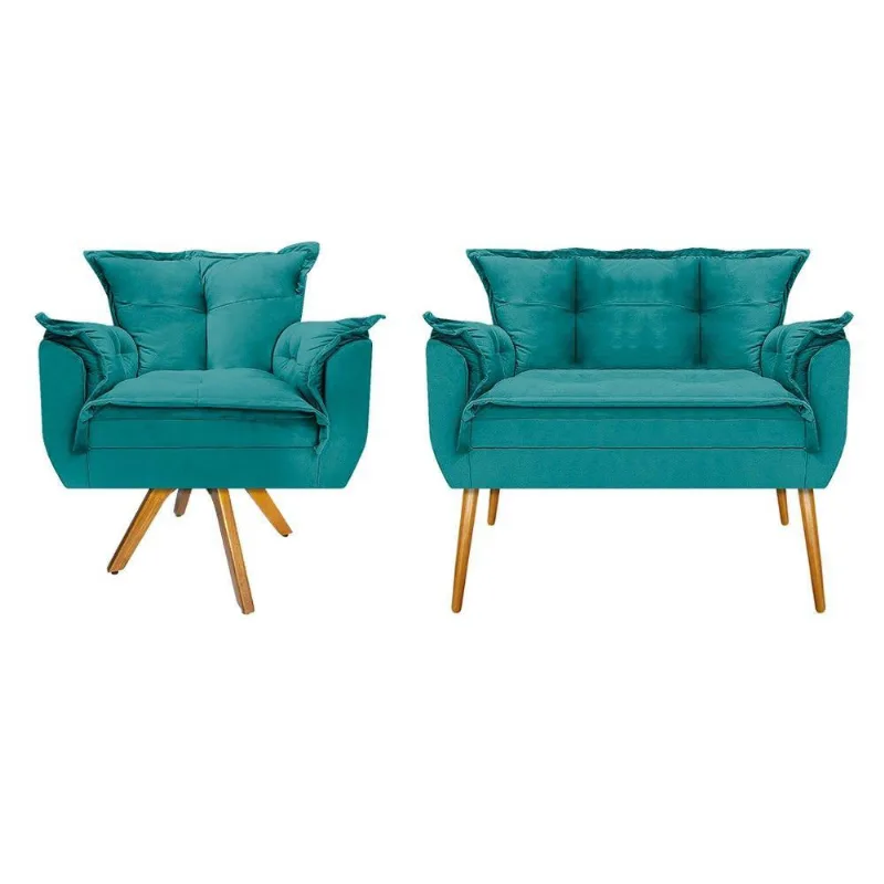 Kit Namoradeira Poltrona Opala Base De Madeira Azul Turquesa