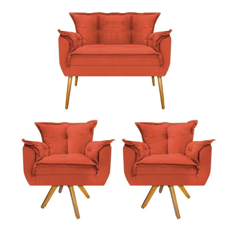 Kit Namoradeira E 02 Poltronas Opala Suede Terracota