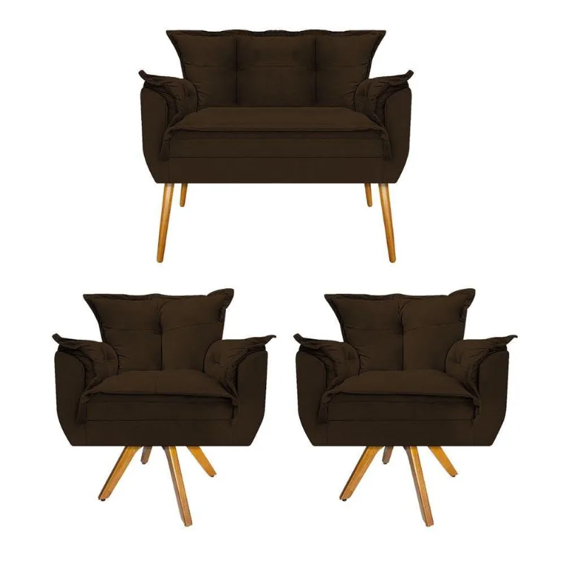 Kit Namoradeira e 02 Poltronas Opala Suede Marrom
