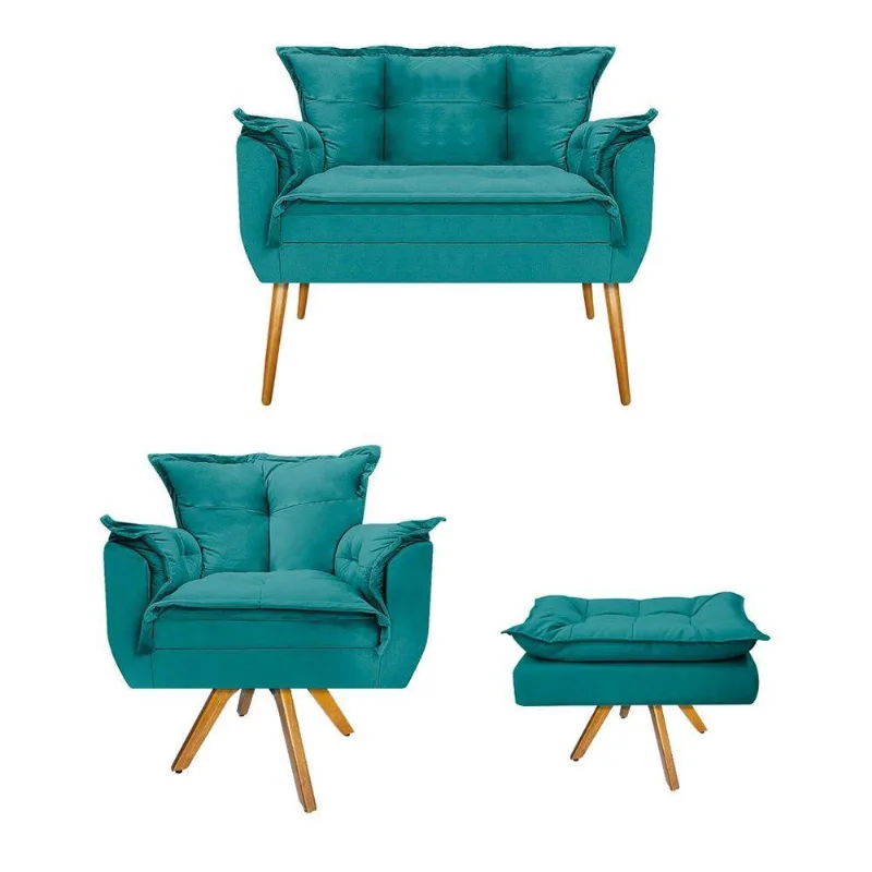 Kit Namoradeira Poltrona E Puff Opala Suede Azul Turquesa