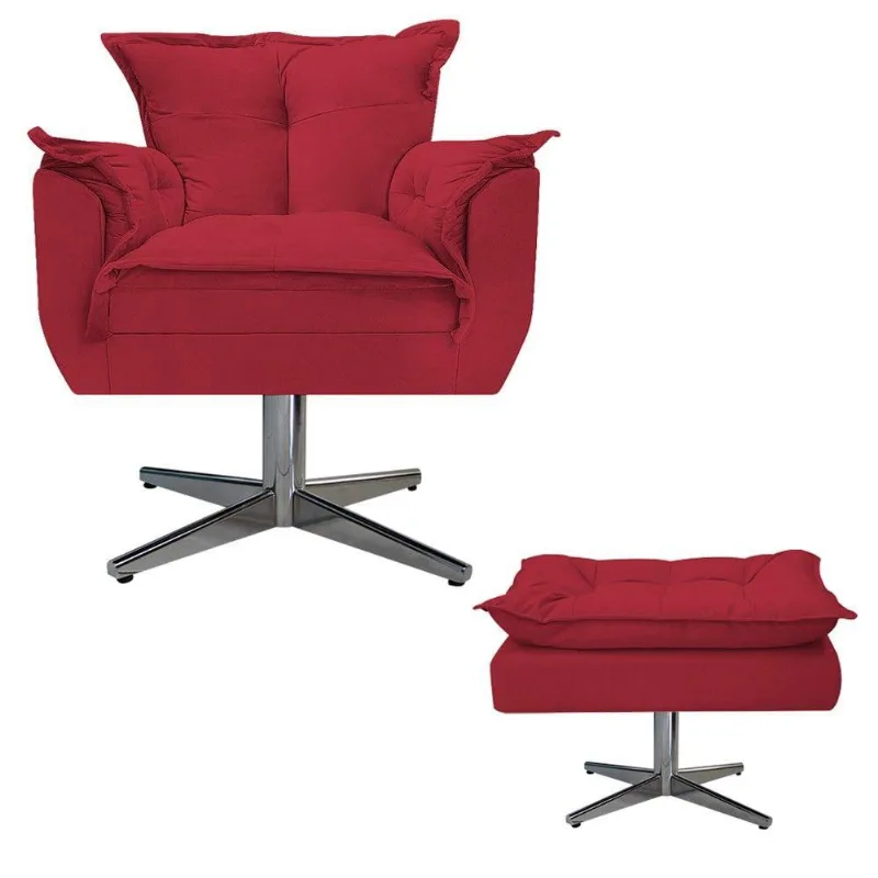Poltrona e Puff Opala Base Giratória de Metal Suede Vermelho