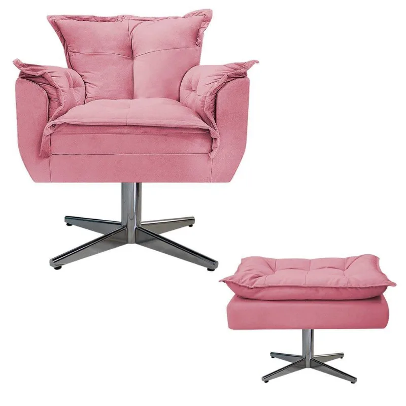 Poltrona e Puff Opala Base Giratória de Metal Suede Rosa