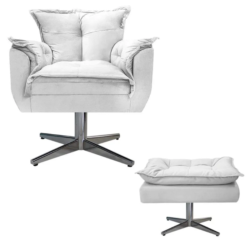 Poltrona e Puff Opala Base Giratória de Metal Suede Branco