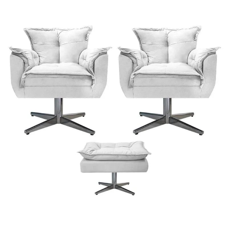 Kit 02 Poltronas e Puff Opala Base de Metal Suede Branco