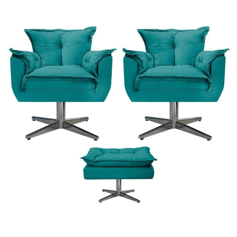 Kit 02 Poltronas e Puff Base Giratória Azul Adj Decor