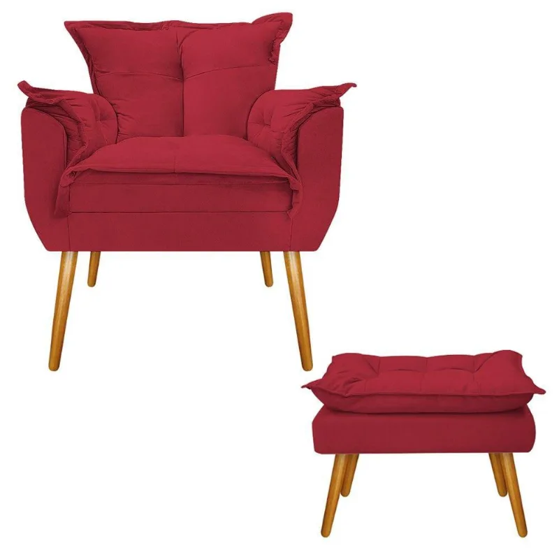 Kit Poltrona e Puff Opala Palito Mel Suede Vermelho