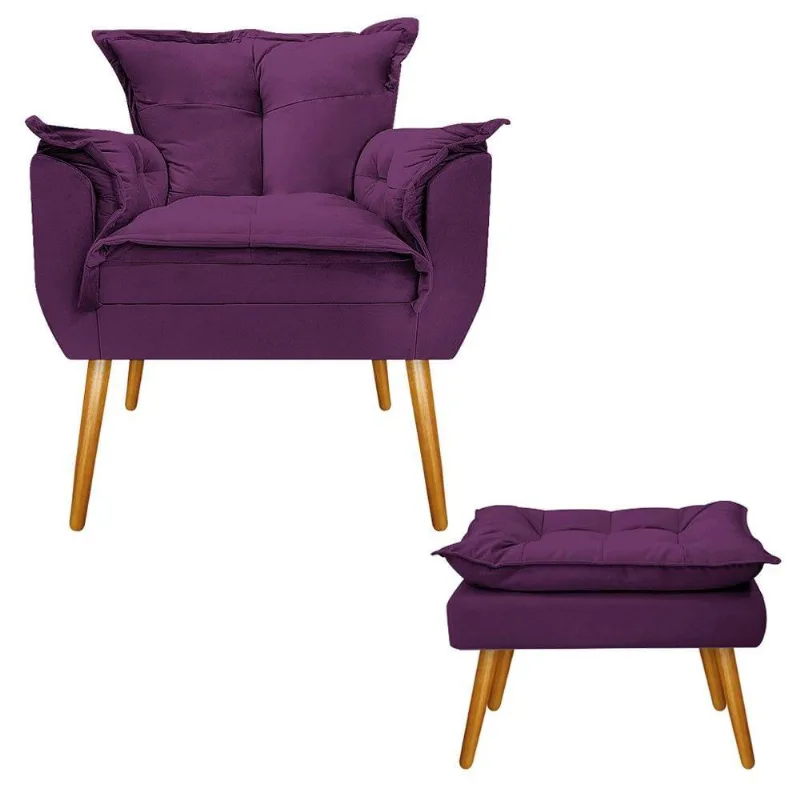 Kit Poltrona e Puff Opala Palito Mel Suede Roxo Adj Decor