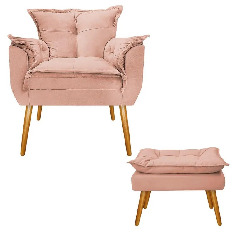 Kit Poltrona e Puff Opala Palito Mel Suede Rosê Adj Decor
