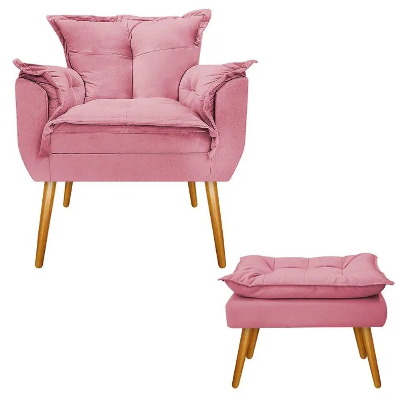 Kit Poltrona e Puff Opala Palito Mel Suede Rosa Bebê