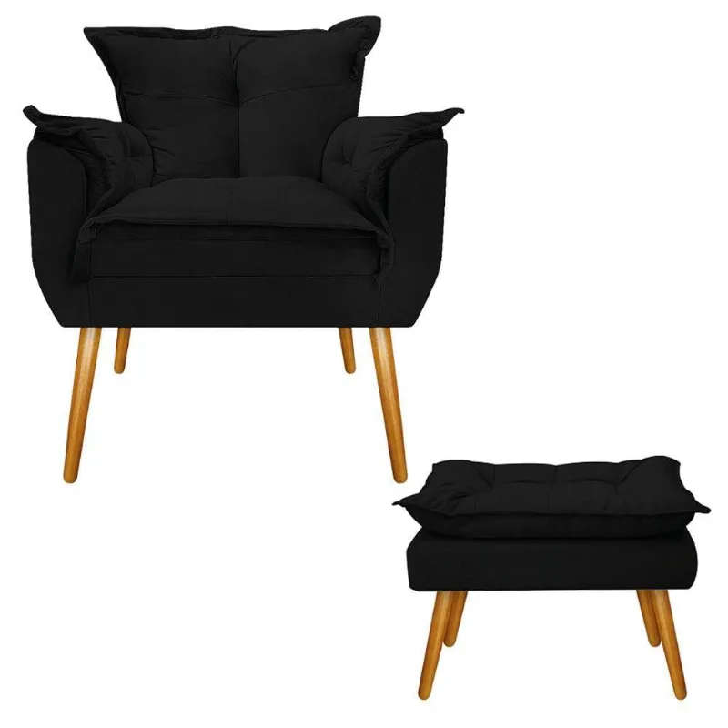 Kit Poltrona e Puff Opala Palito Mel Suede Preto