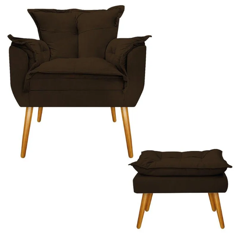 Kit Poltrona e Puff Opala Palito Mel Suede Marrom