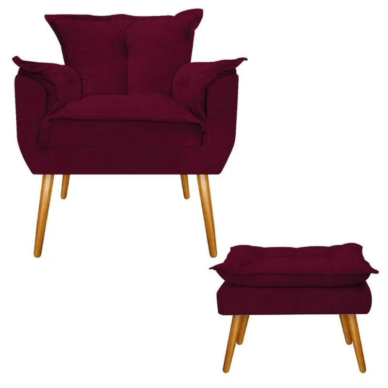 Kit Poltrona e Puff Opala Palito Mel Suede Bordô Adj Decor