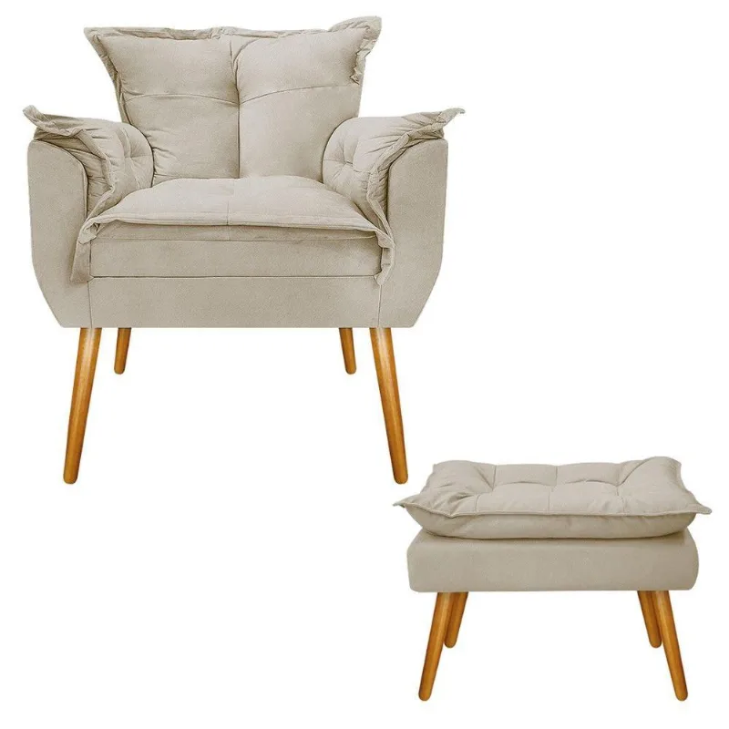 Kit Poltrona e Puff Opala Palito Mel Suede Bege Adj Decor