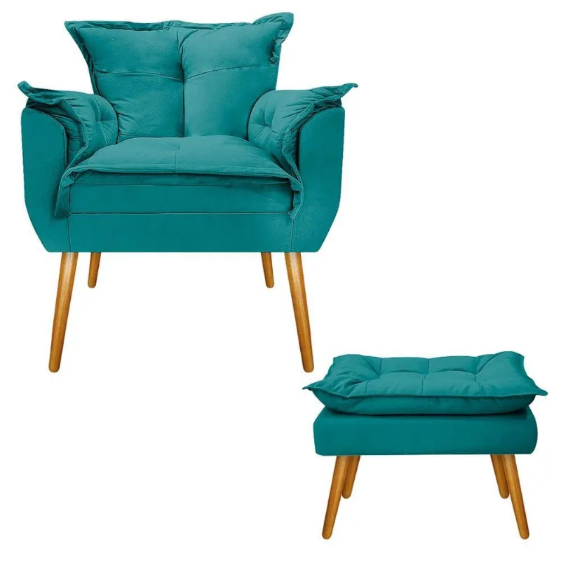 Kit Poltrona e Puff Opala Palito Mel Suede Azul Turquesa