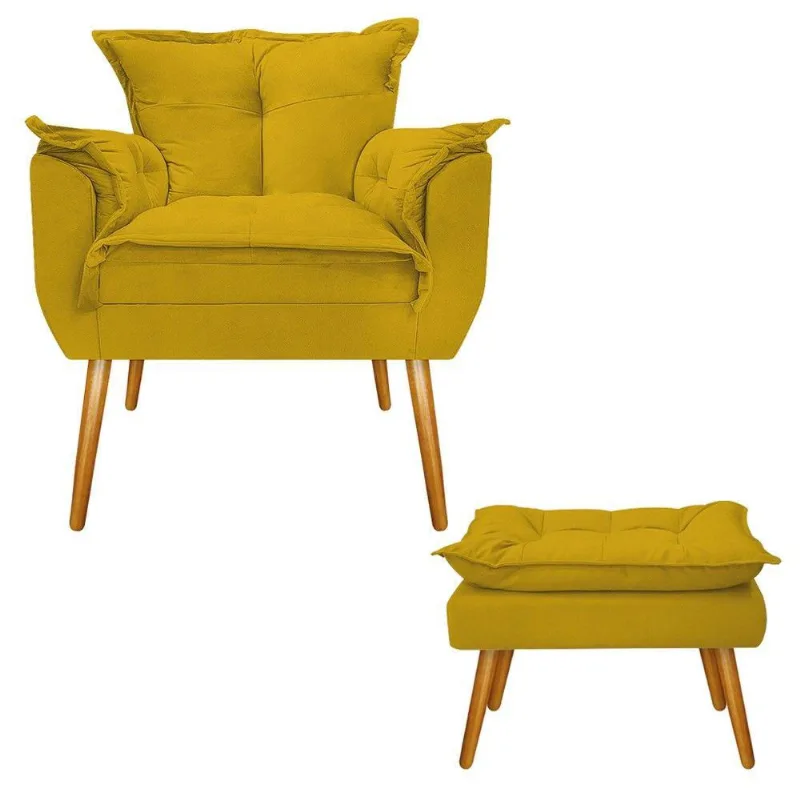 Kit Poltrona e Puff Opala Palito Mel Suede Amarelo