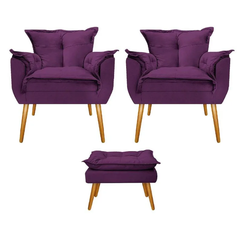 Kit 02 Poltronas E Puff Opala Mel Roxo