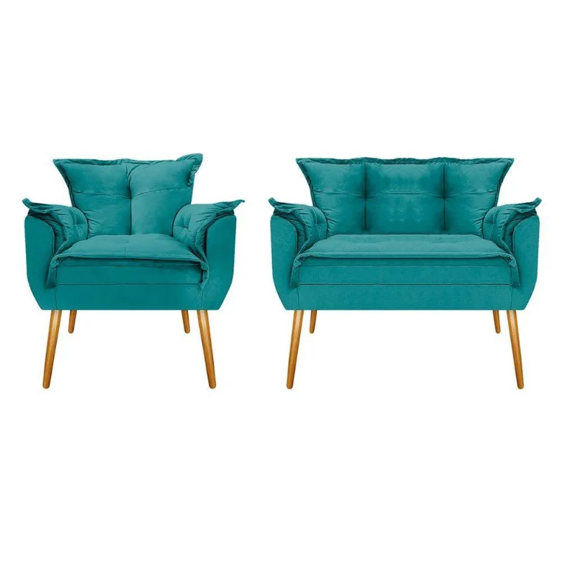 Kit Namoradeira e Poltrona Opala Palito Suede Azul Turquesa