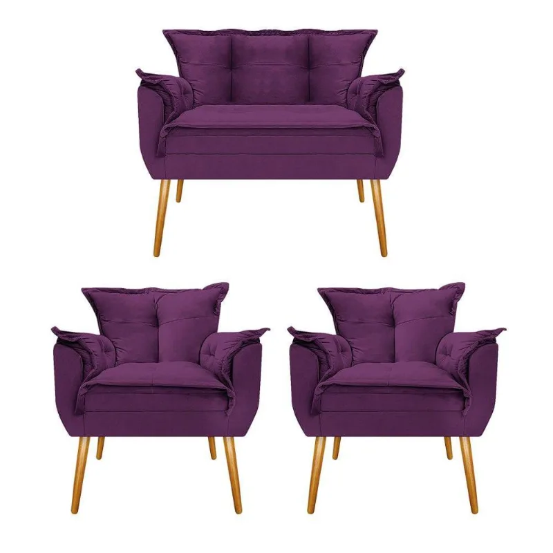 Kit Namoradeira e 02 Poltronas Opala Suede Roxo