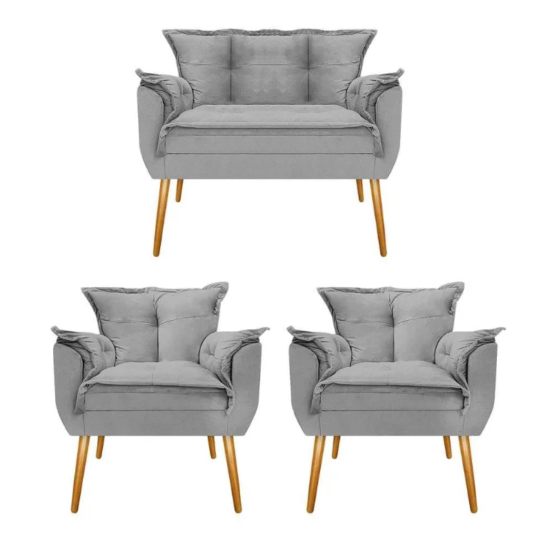 Kit Namoradeira e 02 Poltronas Opala Suede Cinza