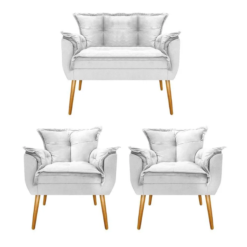 Kit Namoradeira e 02 Poltronas Opala Suede Branco