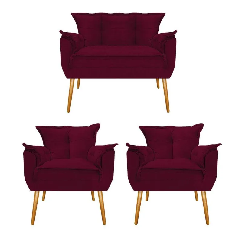 Kit Namoradeira e 02 Poltronas Opala Suede Bordô