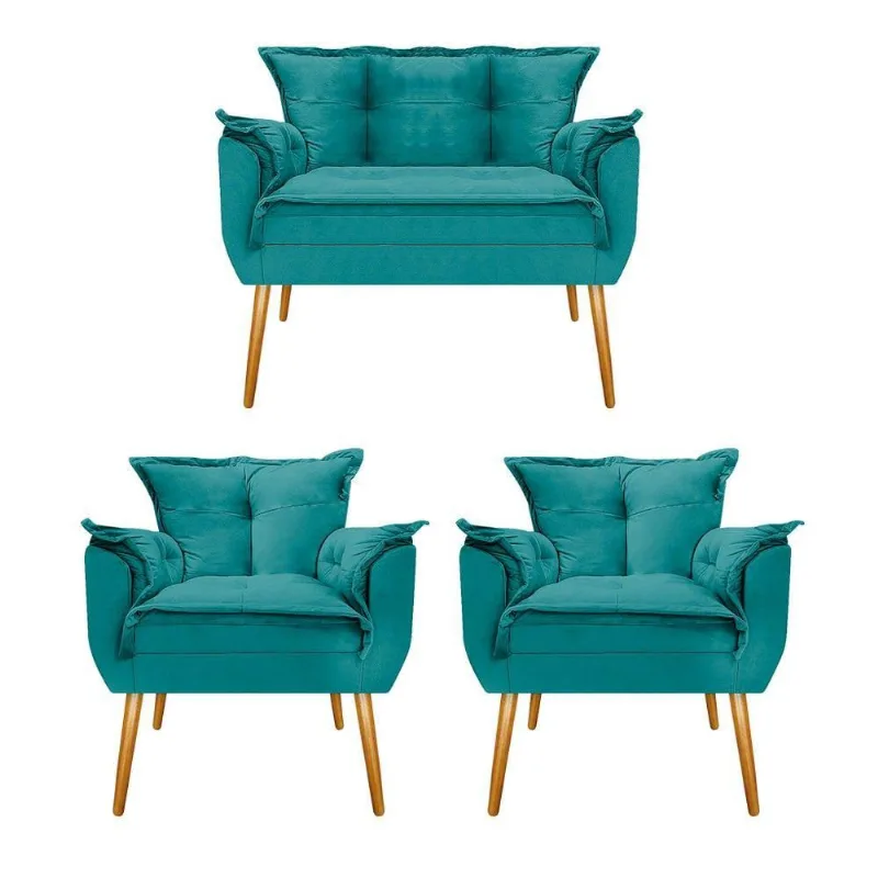 Kit Namoradeira e 02 Poltronas Opala Suede Azul Turquesa