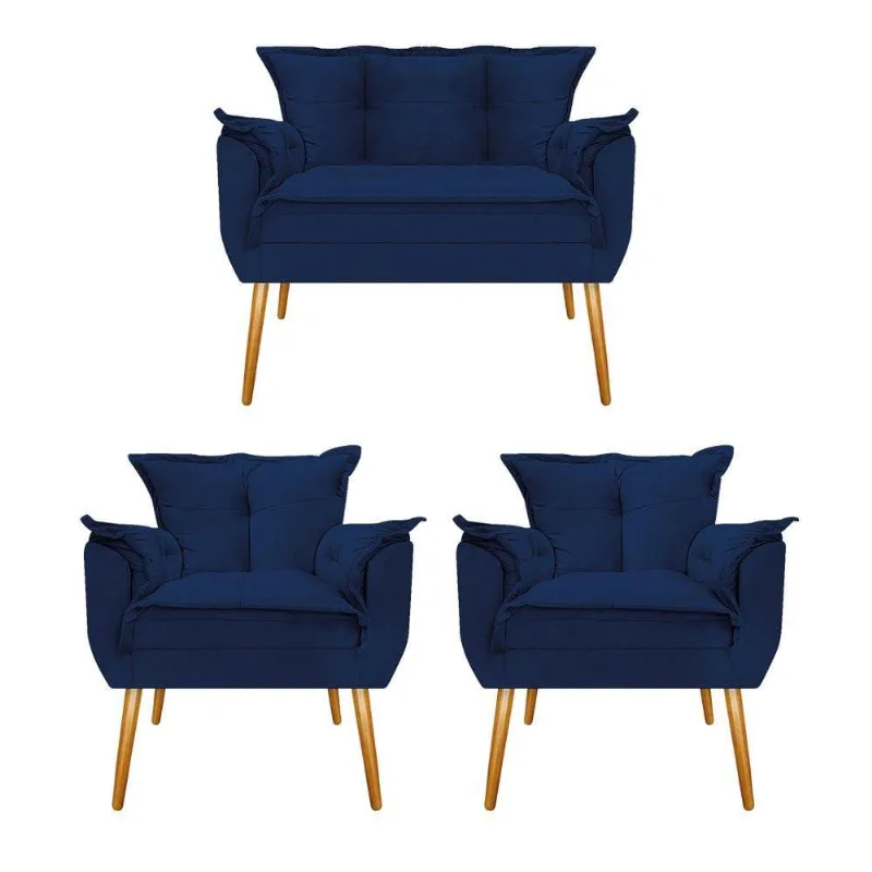 Kit Namoradeira e 02 Poltronas Opala Suede Azul Marinho