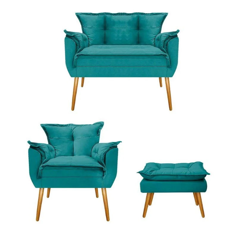 Kit Namoradeira Poltrona e Puff Opala Suede Azul Turquesa