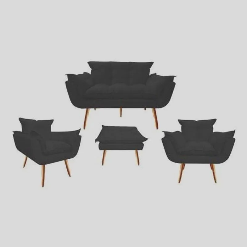 Conjunto 1 Namoradeira + 2 Poltronas + 1 Puff Opala Preto- Modena Decor