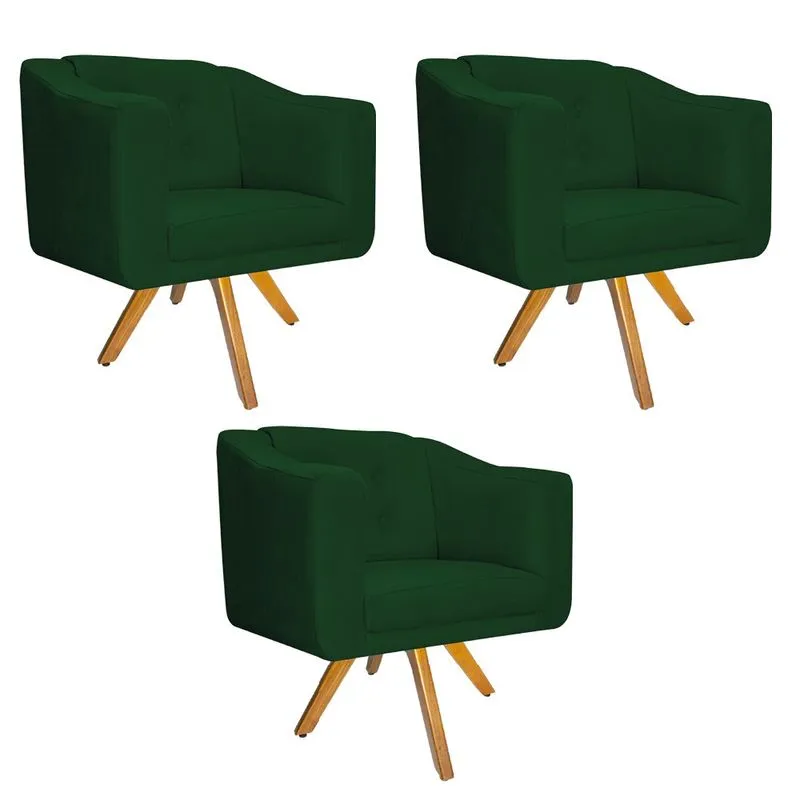 kit 03 Poltronas Larissa Base Giratória de Madeira Suede Verde - ADJ Decor