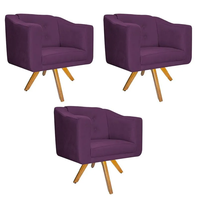 kit 03 Poltronas Larissa Base Giratória de Madeira Suede Roxo - ADJ Decor