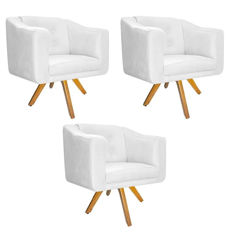 kit 03 Poltronas Larissa Base Giratória de Madeira Suede Branco - ADJ Decor